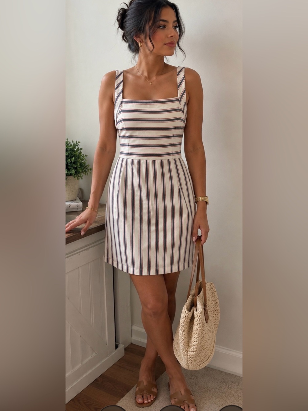 Zara Square-Neck Summer Dress - White with Navy & Burgundy Stripes